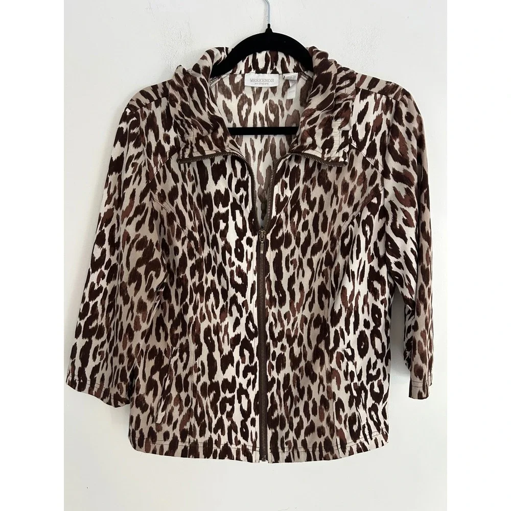 Chicos Weekends Leopard Print Zip Front Jacket Brown Cream 3/4 Sleeve Size 1 M
